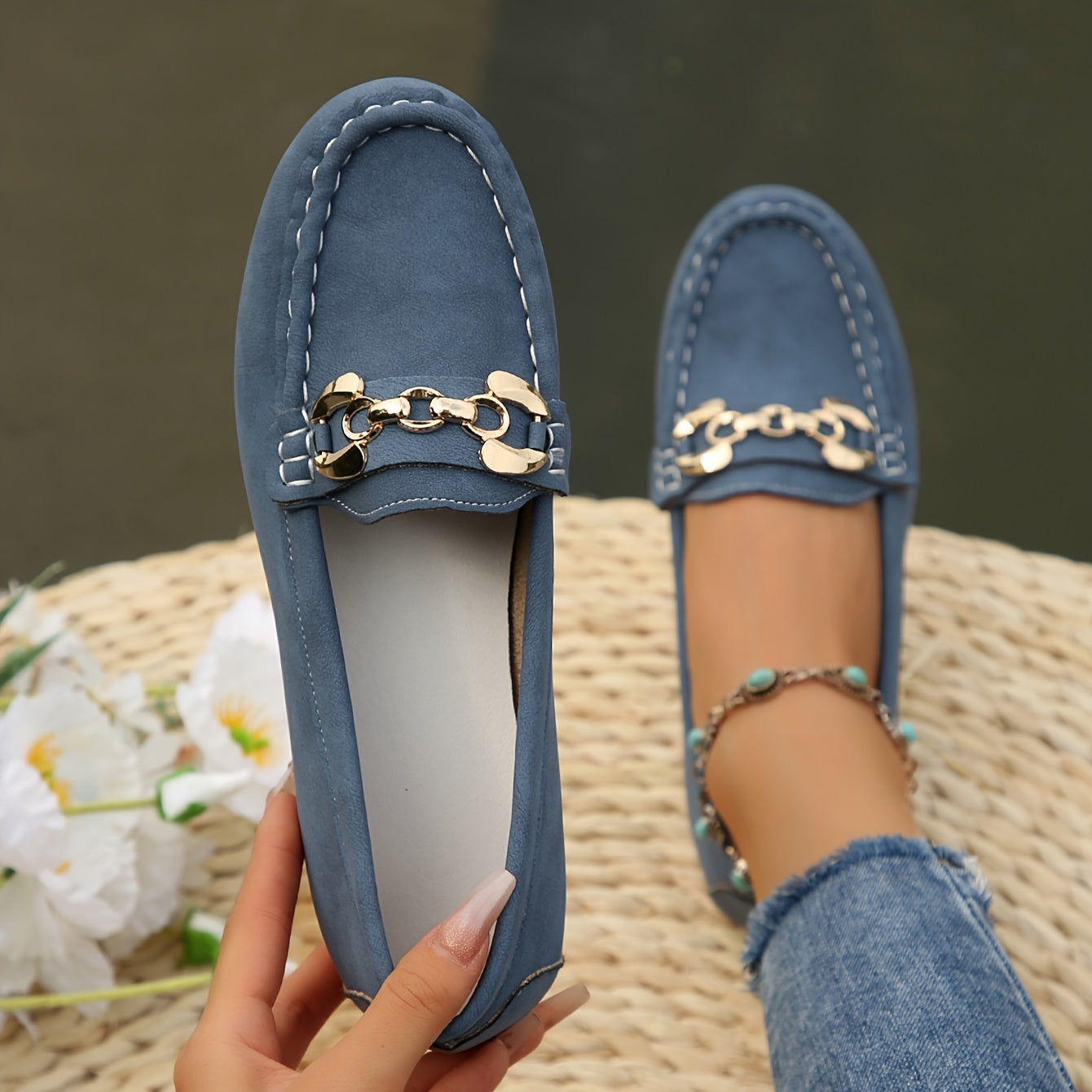 Women's Slip-On Soft Sole Casual Flats with Decorative Chain & Metallic Accents - PU Cover Upper, Breathable Fabric Lining, Rubber Sole - All-