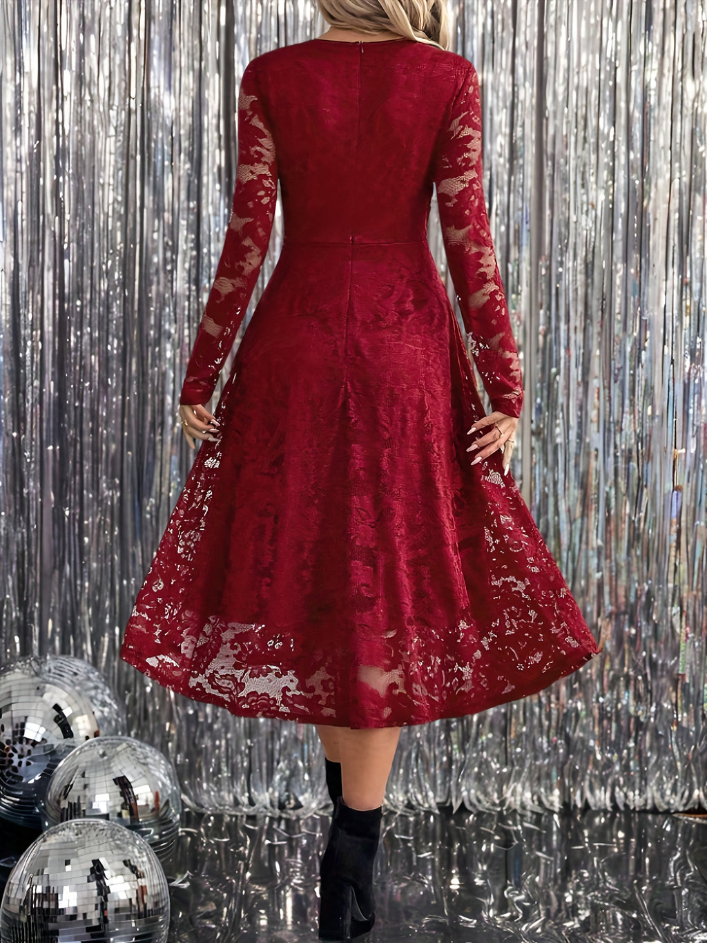 Elegant Burgundy Long-Sleeve Mid-Length Dress - Slim-Fit Party Dress for Fall/Christmas
