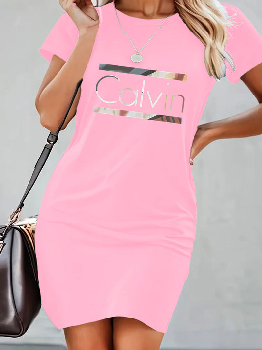 Calvin Art Print Bodycon Dress - Stylish Black, Slim-Fit, Stretchy Polyester Blend, Round Neck, Knee-Length, Perfect for Spring/Summer, Spring