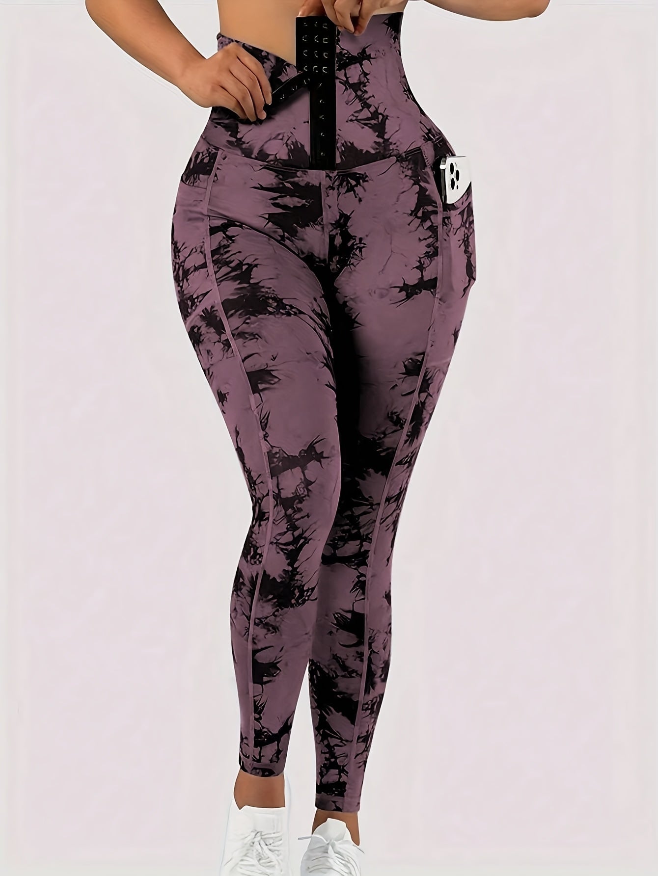 Women' High-Waist Tie-Dye Yoga Leggings with Front Button Closure & Pockets