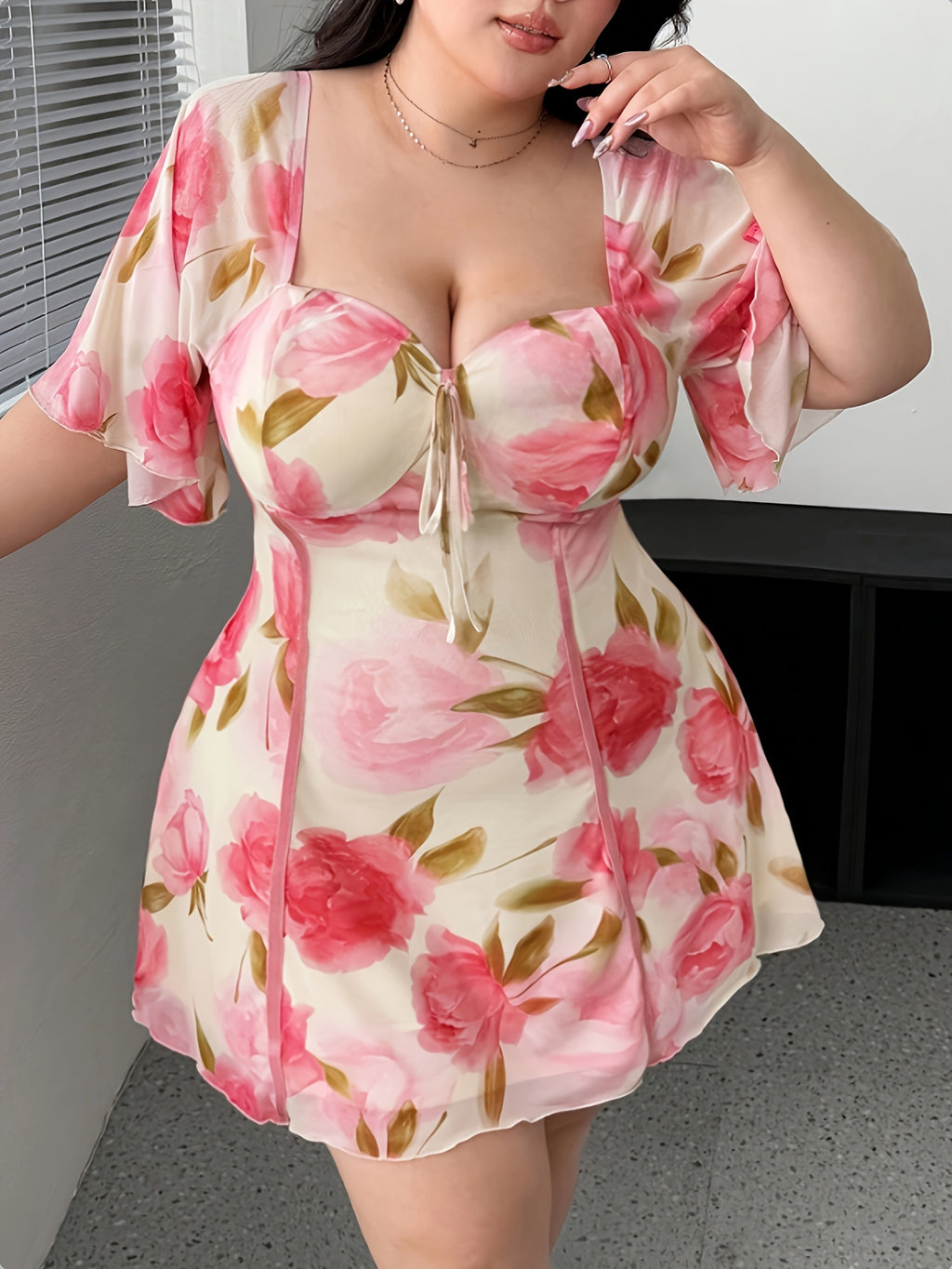 Plus Size Women's Elegant Floral Print Sheer Mesh Dress with Adjustable Tie Waist