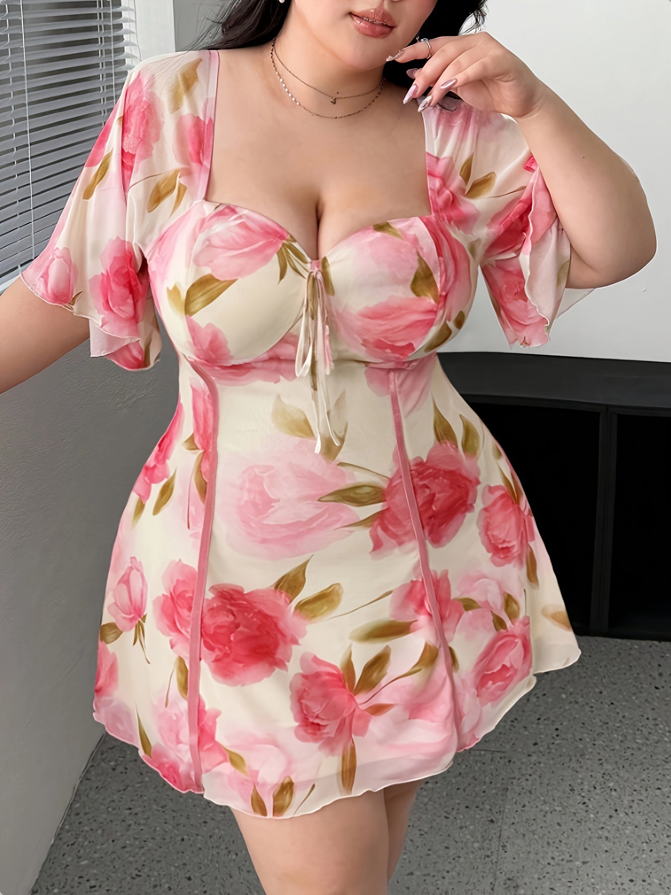 Plus Size Women's Elegant Floral Print Sheer Mesh Dress with Adjustable Tie Waist