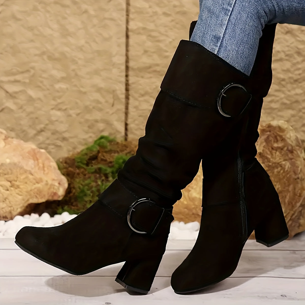 Women's Knee-High Boots - Mid Heel Platform with Zipper Closure