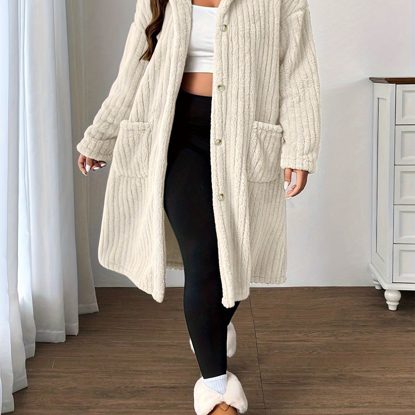 Plus-Size Women's Hooded Long-Sleeve Plush Coat