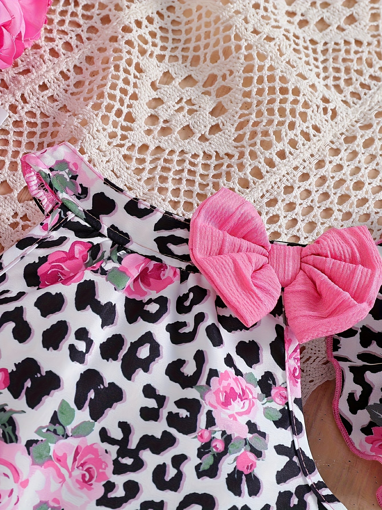 Girls' Fashion Leopard Print Rose Vest with Puff Skirt and Sun Hat Street Style Three-Piece Set