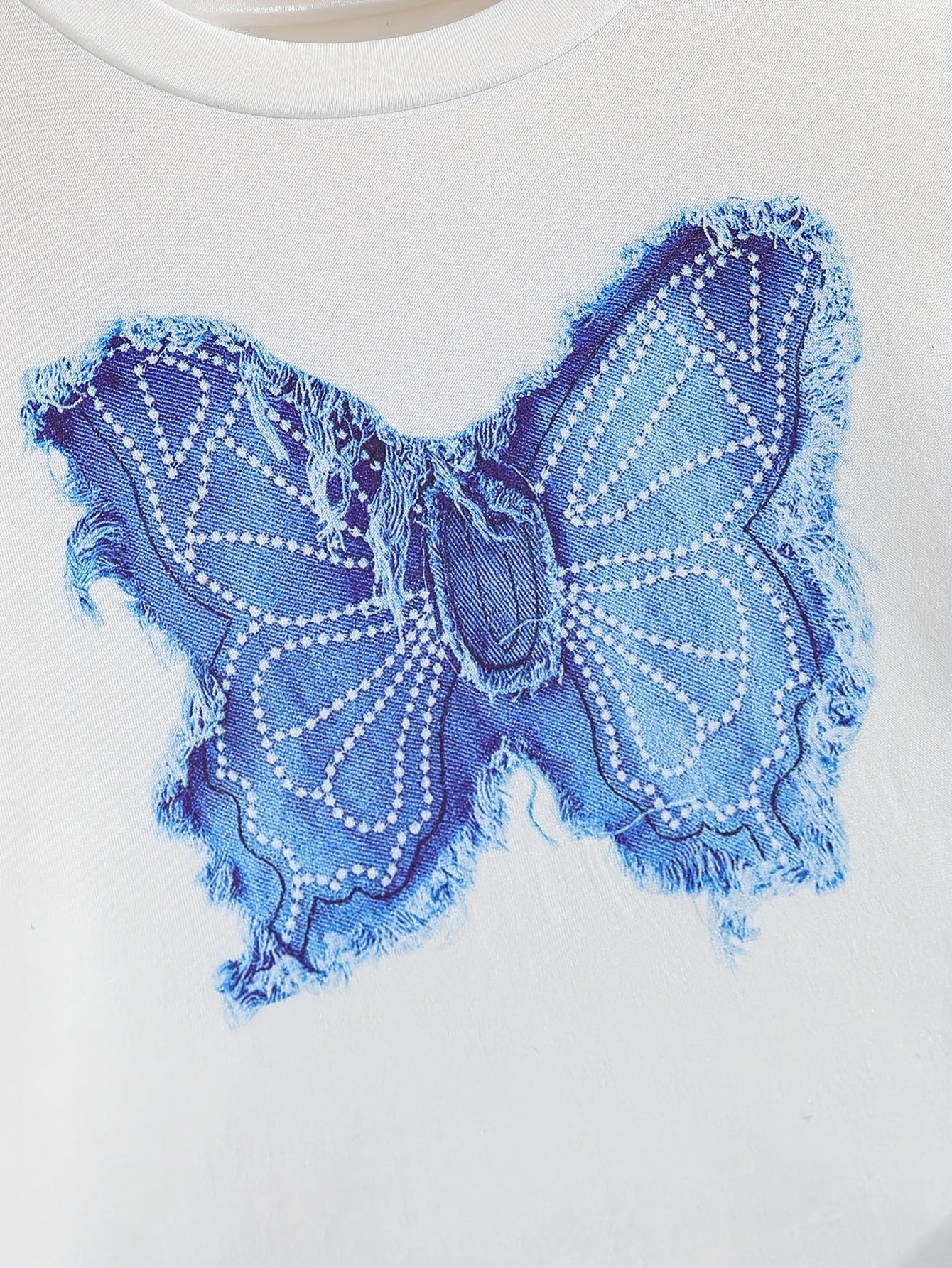 2pcs Little Girl Short Sleeve Butterfly Top and Denim Print Pants Set