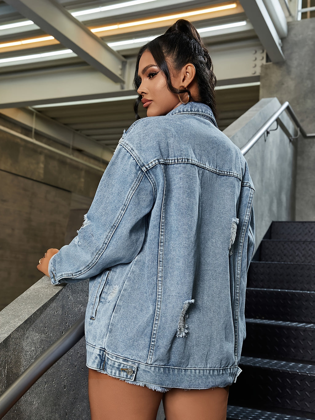 Women's Elegant Distressed Denim Jacket - Loose Fit, Button-Up, Long Sleeve