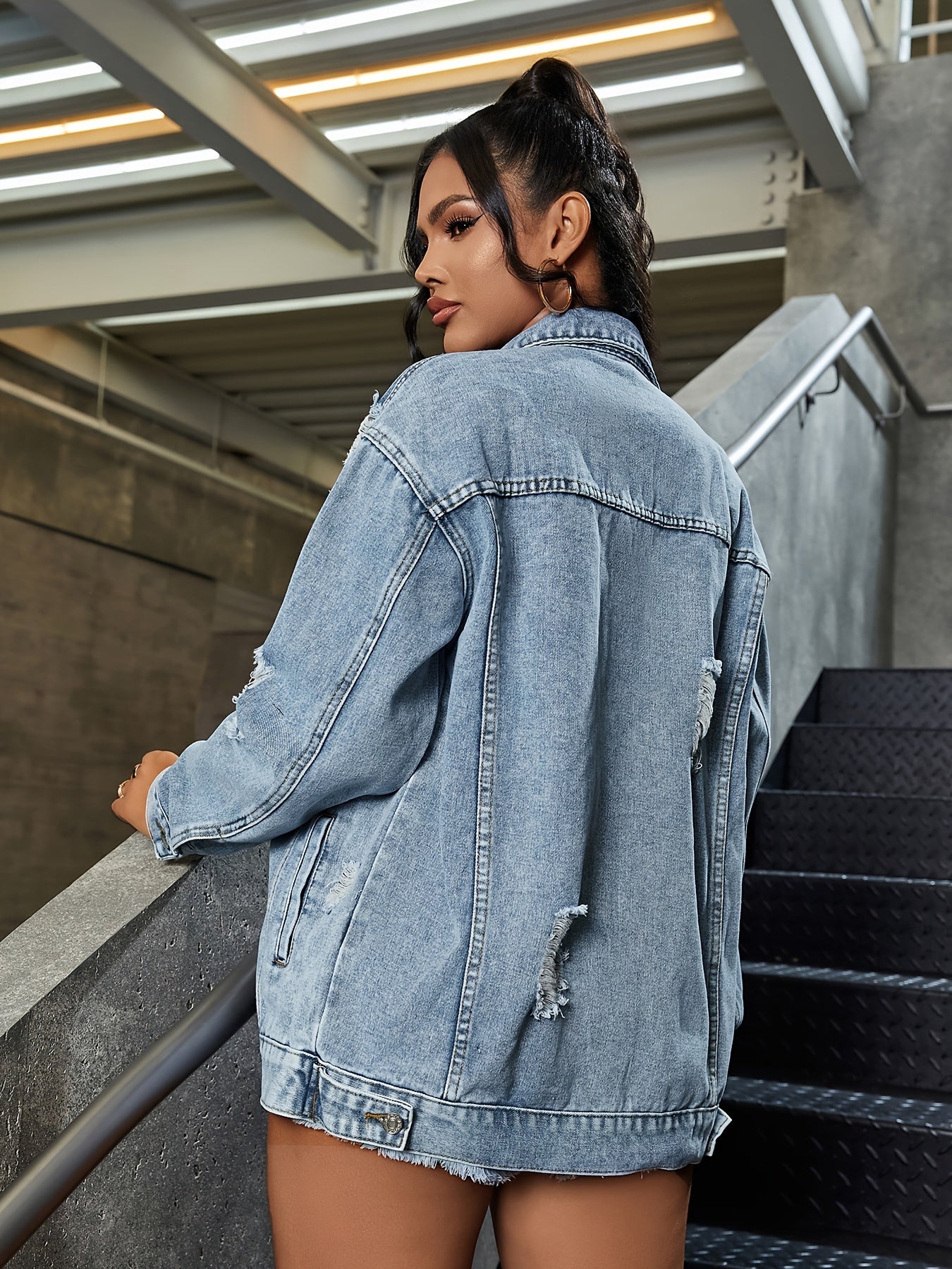 Women's Elegant Distressed Denim Jacket - Loose Fit, Button-Up, Long Sleeve