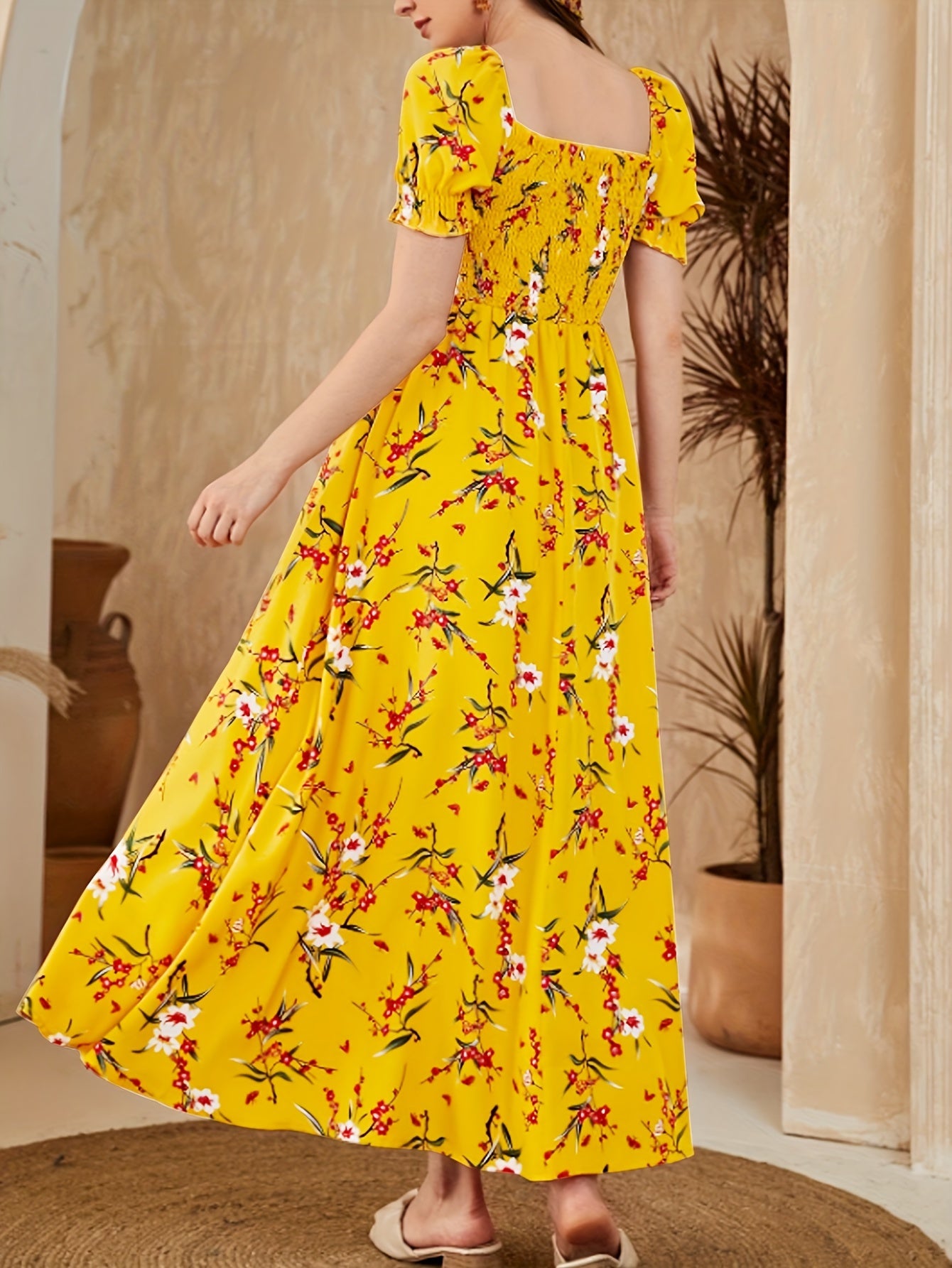 Women's Floral Print Square Neck Puff Sleeve Dress