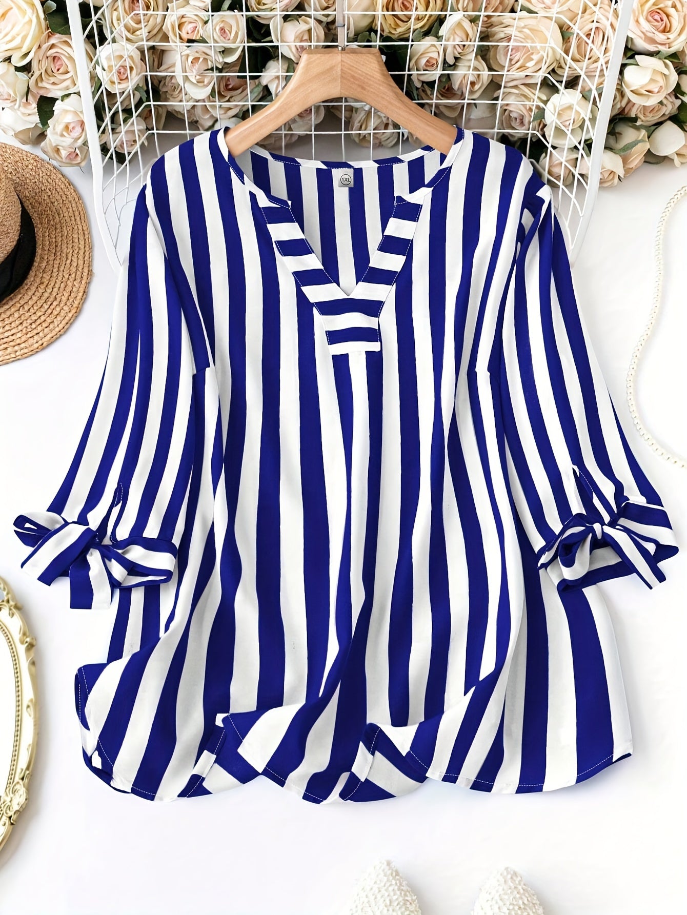 Elegant Notched Necktie Cuff Top for Women's Plus Size
