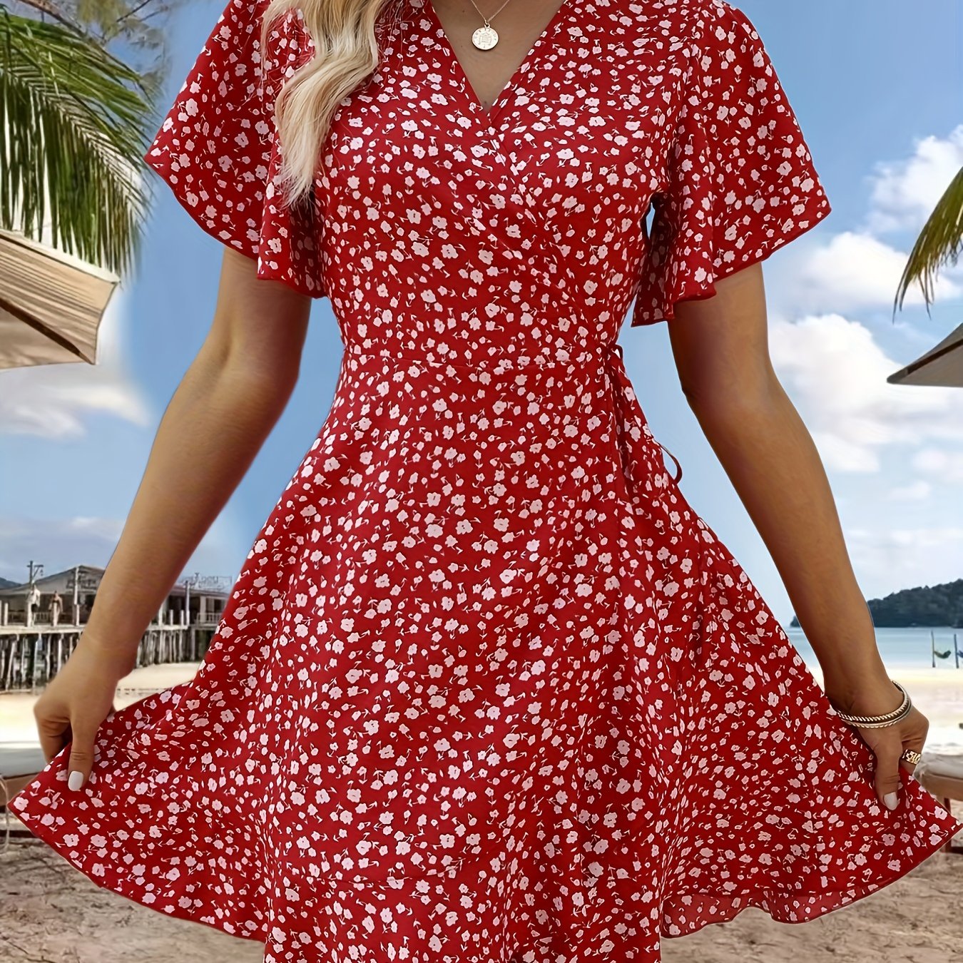 Cross Neck Ruffled Sleeve Dress