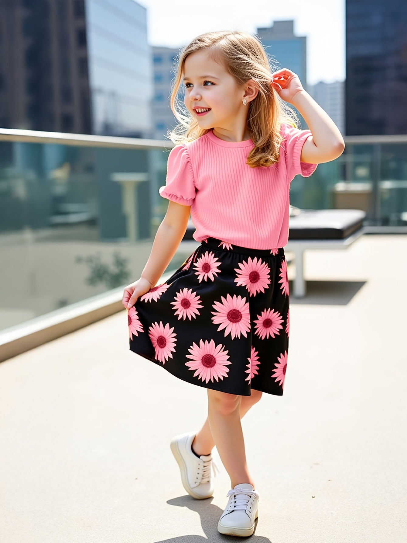 Girls' Sunflower Print Short Sleeve Top + Skirt Set