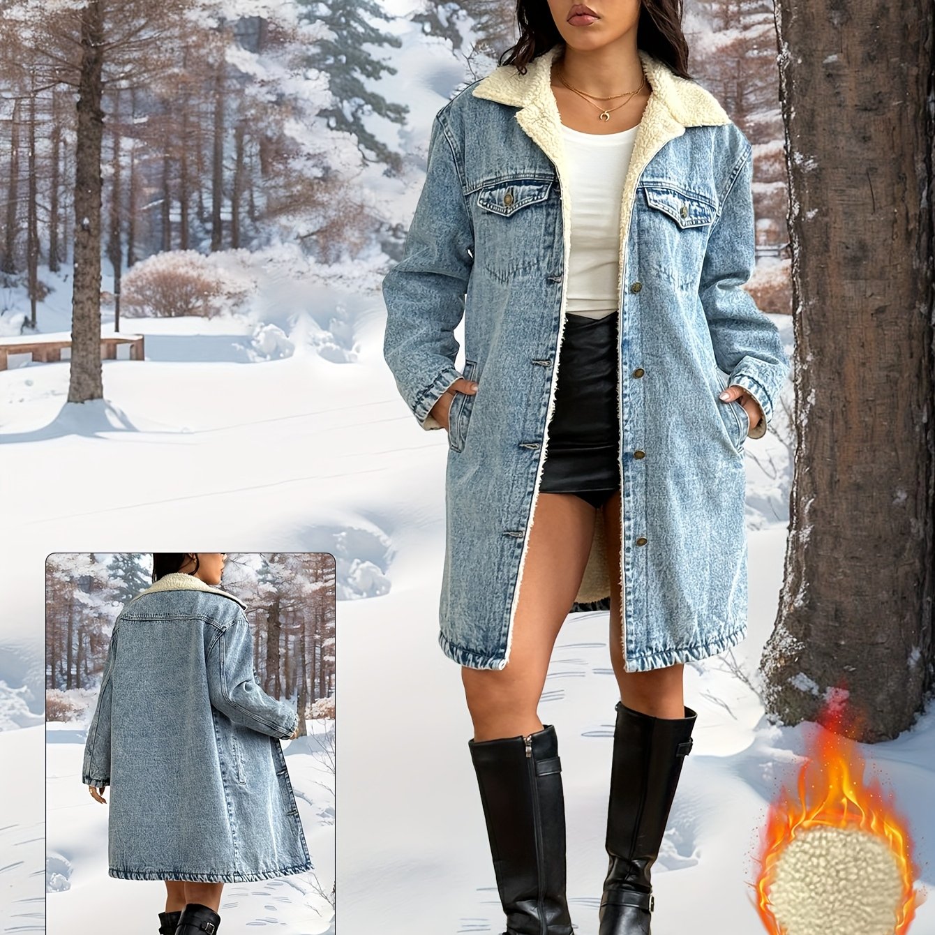 Women's Vintage Washed Heavy-Denim Oversized Coat - Long Winter Jacket with Collar & Fringe-Free Hem