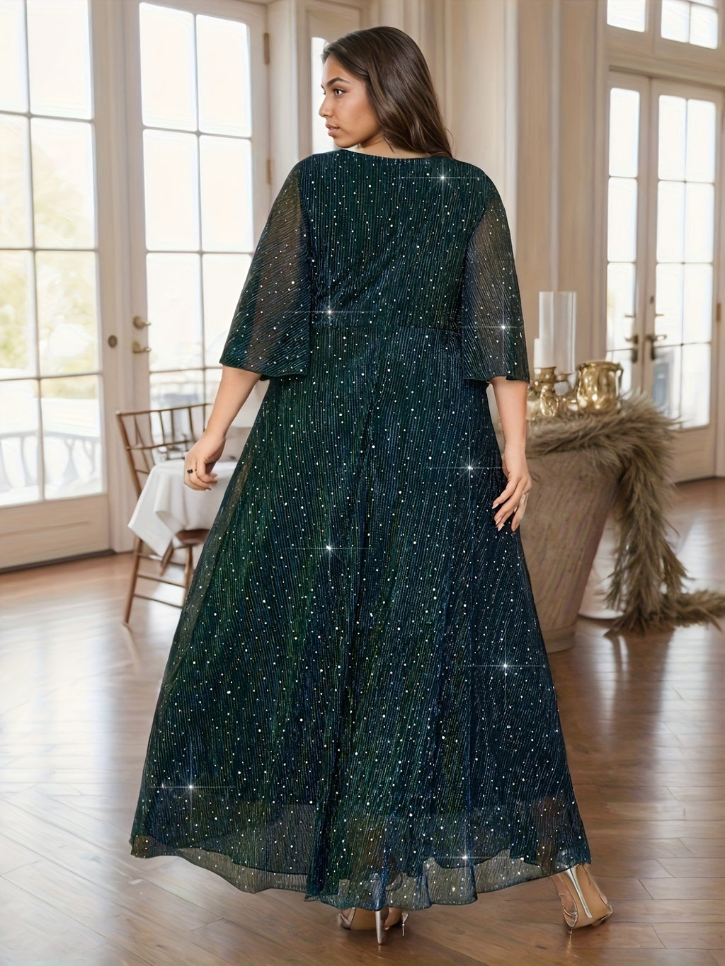 Plus Size Middle Eastern Sequined V-Neck Bridesmaid Dress with Ruffle Sleeves