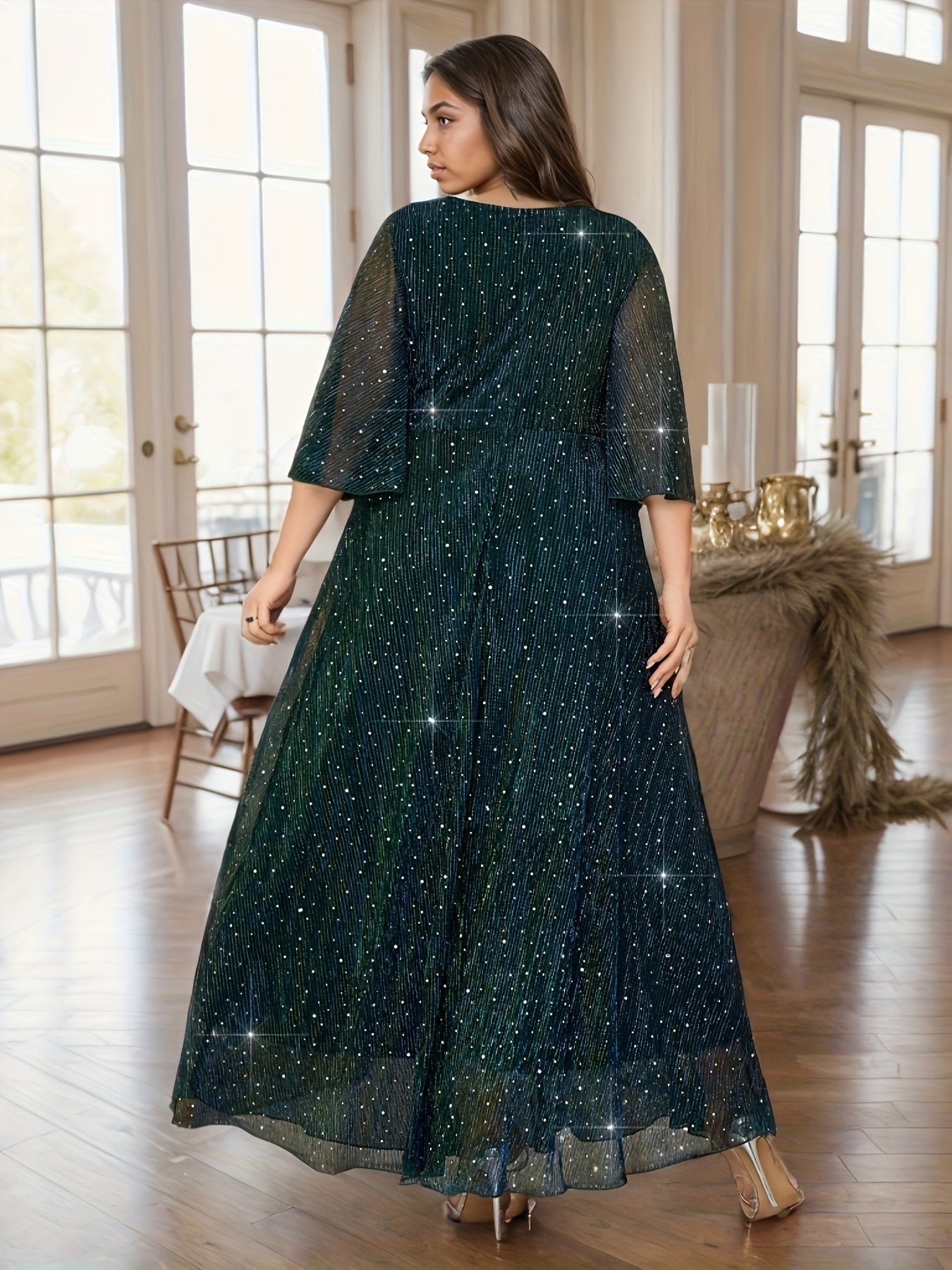 Plus Size Middle Eastern Sequined V-Neck Bridesmaid Dress with Ruffle Sleeves