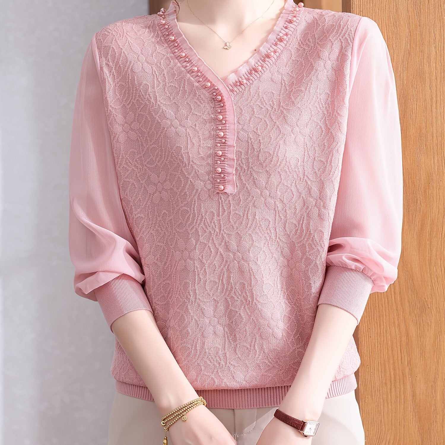 Women's Lightweight V-Neck Blouse with Beaded Detail