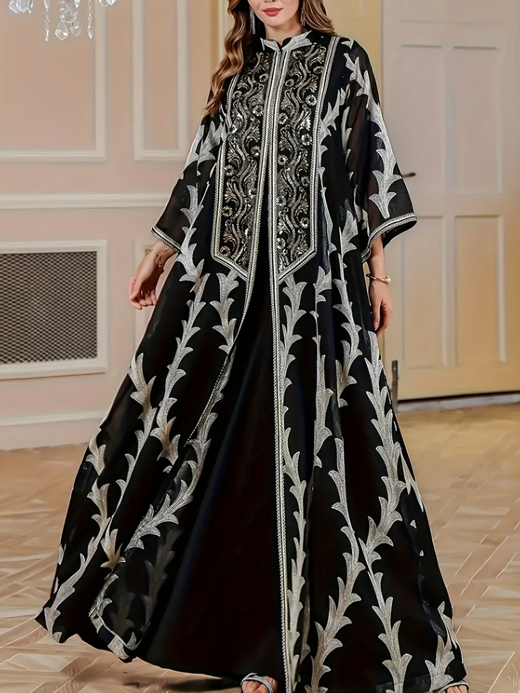 Plus Size - Elegant Embroidered Black Long Robe | Loose Comfortable Regular Fit