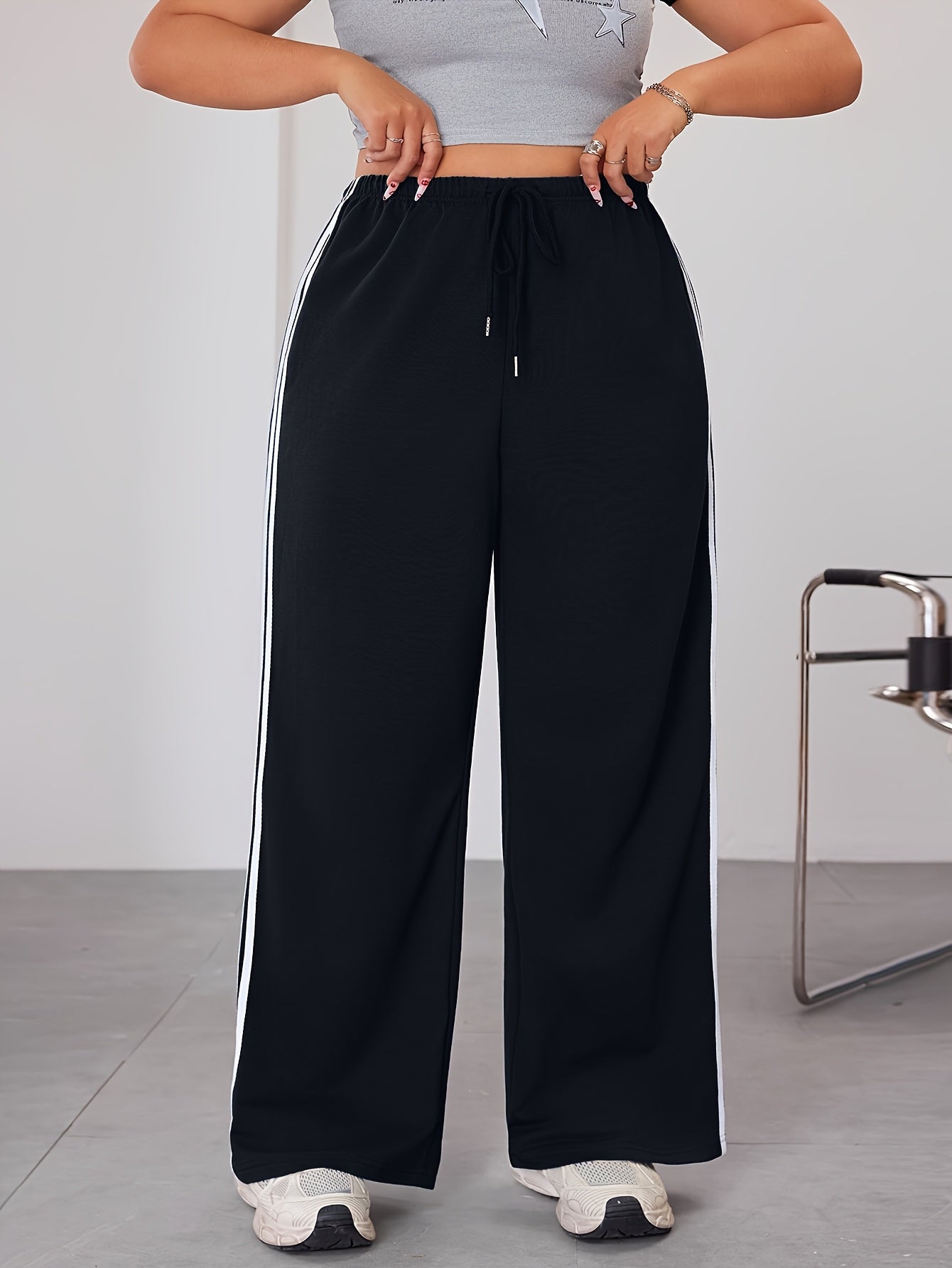 Plus Size Wide Leg Pants with Side Stripes