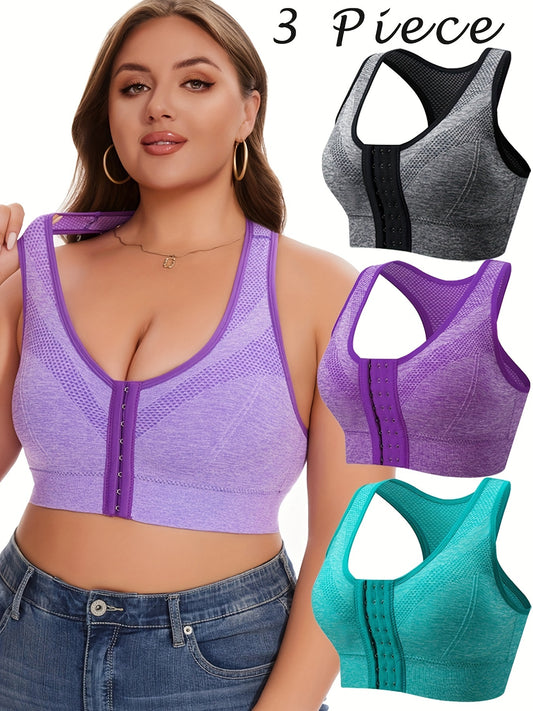 3pcs Front Closure Wire-Free Sports Bras - Breathable High-Elasticity Yoga Bras with Removable Pads, Plus Size V-Neck Design in