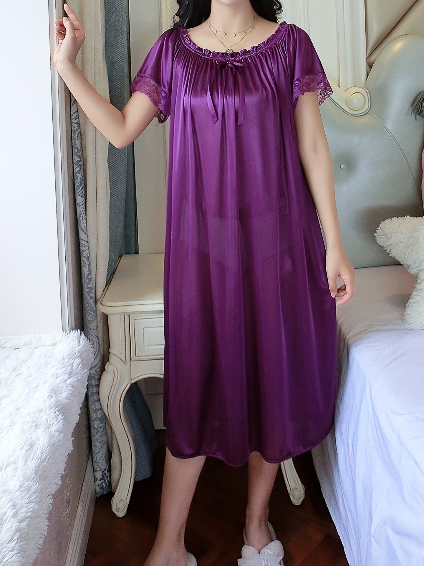Elegant Off the Shoulder Short Sleeve Night Dress, Polyester Solid Color Slight Stretch Pullover for Adult Women, Spring/Summer Sleepwear