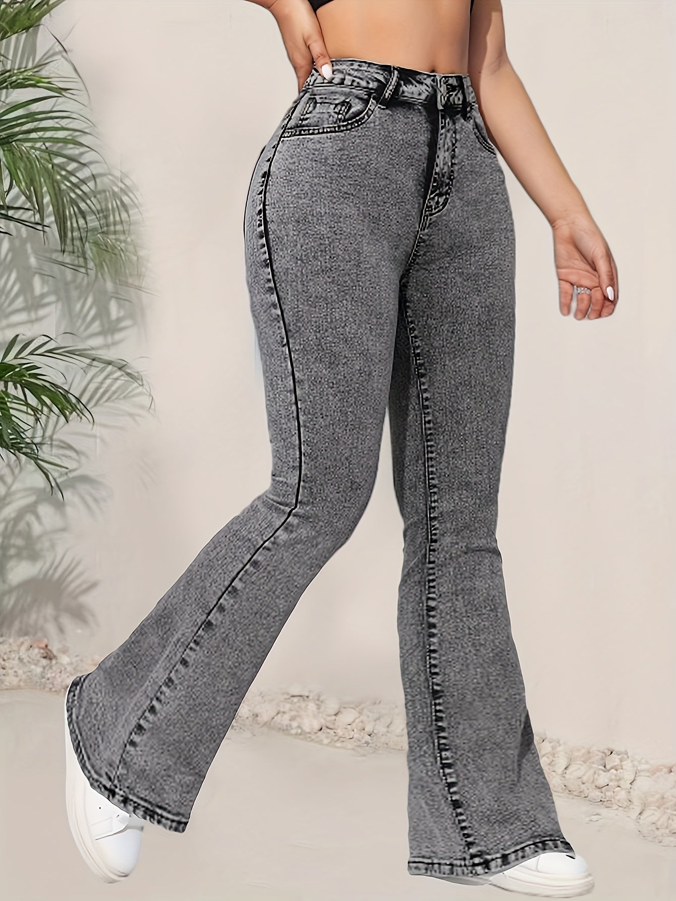 High-Waist Light Gray Flare Jeans for Women