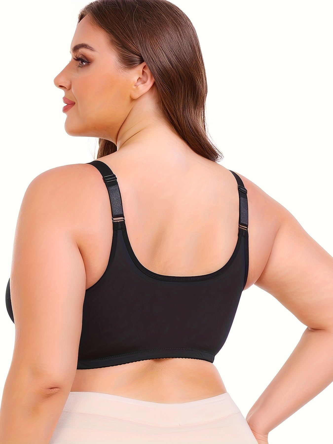 Plus Size Women's Front-Opening Sports Bra, V-Neck, Stretchy Polyester, Solid Color with Lace Detail, No Padding, Low Support, Knit Fabric, for