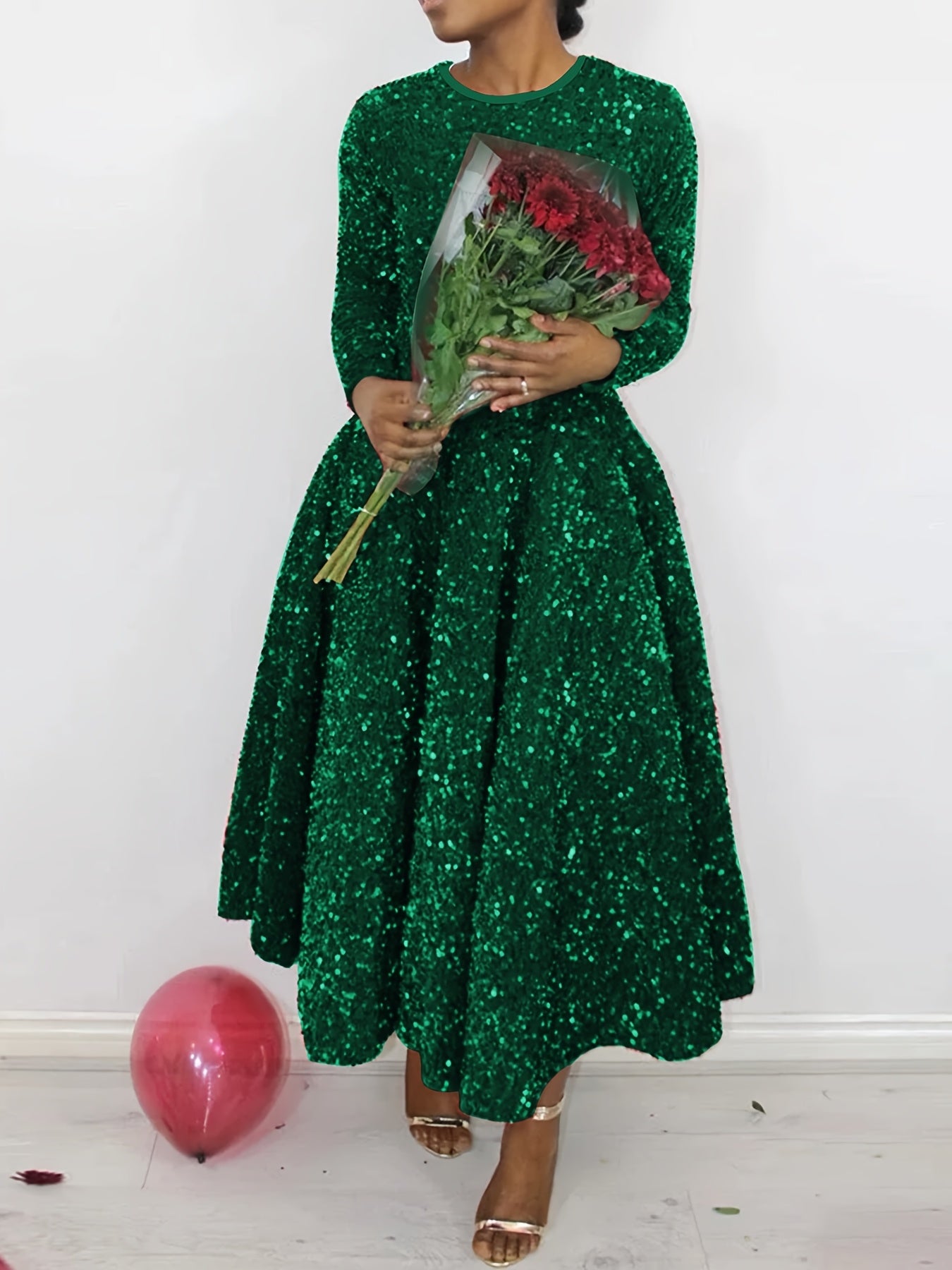 Women's Red Long Dress with a Round Neck, Perfect for Christmas Parties And New Year Celebrations