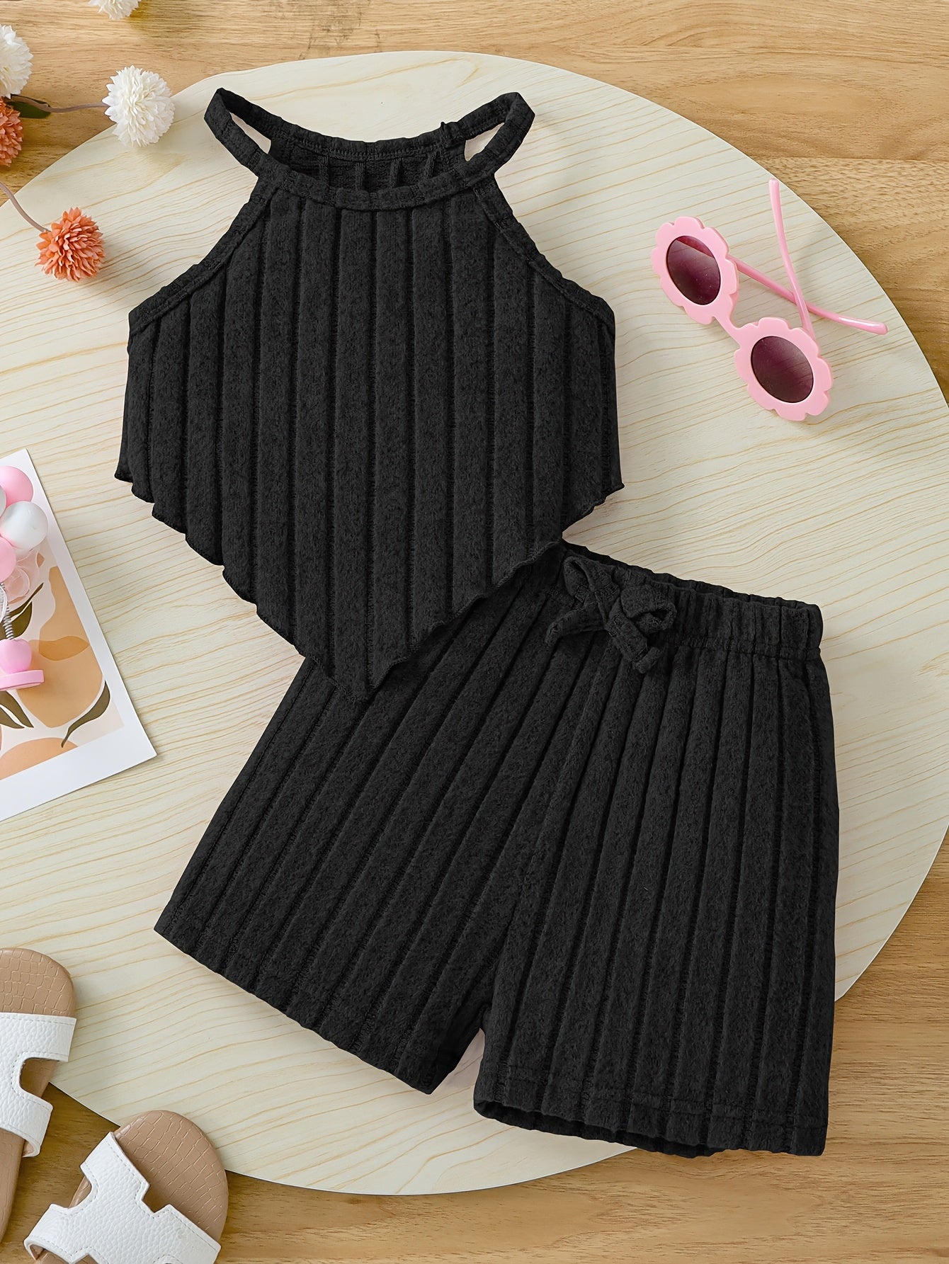 2pcs Summer Girls' Solid Color Crop Top and Bow-Decorated Striped Pants Set