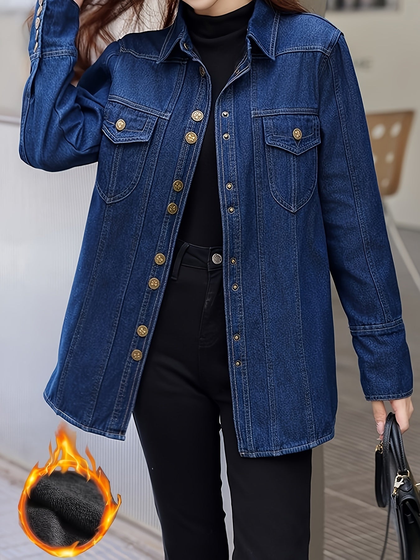 Women's Vintage-Inspired Thickened Denim Shirt - Long Sleeve, Button-Up, Non-Stretch Fabric