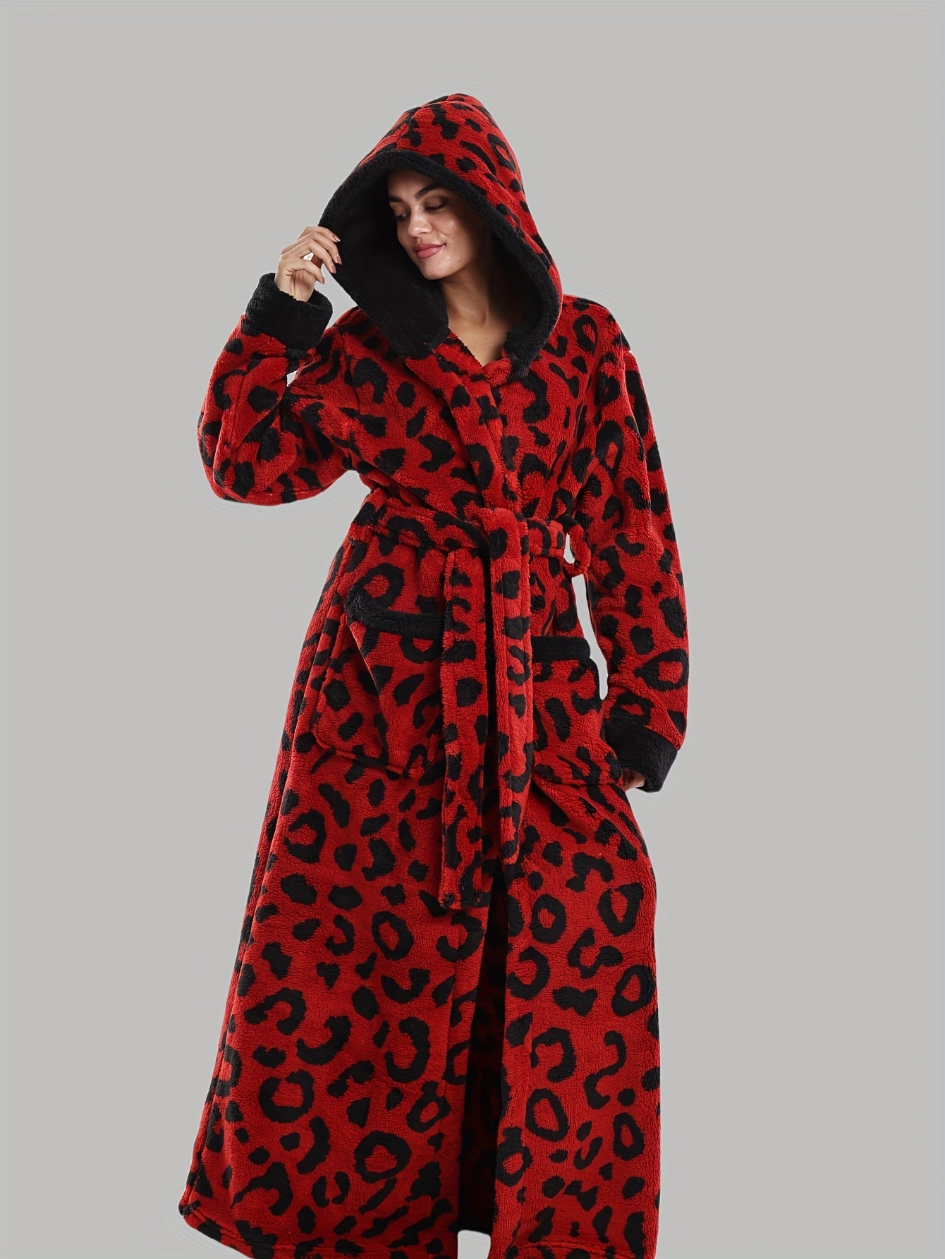 Leopard Print Series - Women's Autumn and Winter - Long Sleeve Hooded Bathrobe