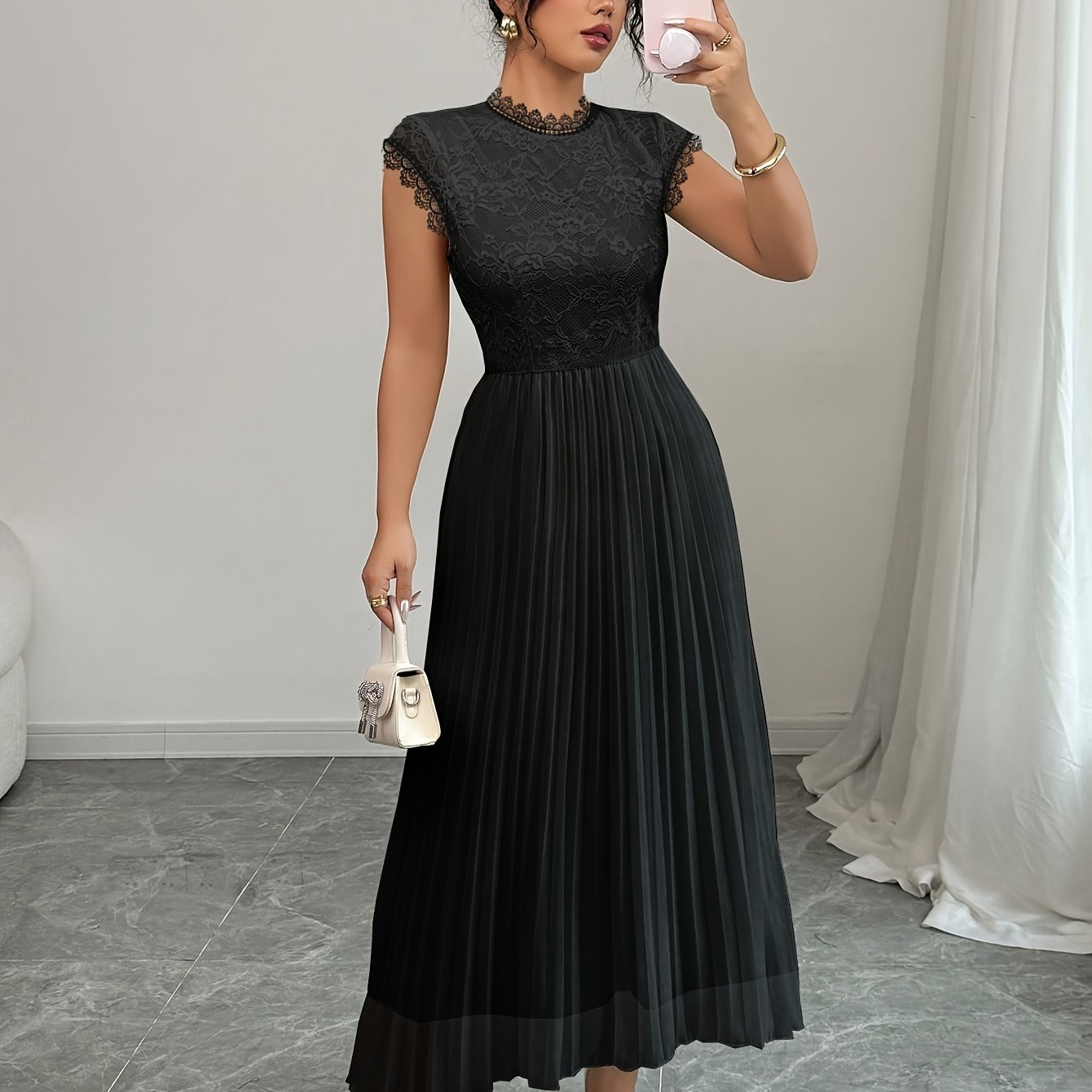 Women's Elegant Black Floral Lace-Trimmed Pleated Maxi Dress - Sleeveless, Round Neck, High-Low Hem