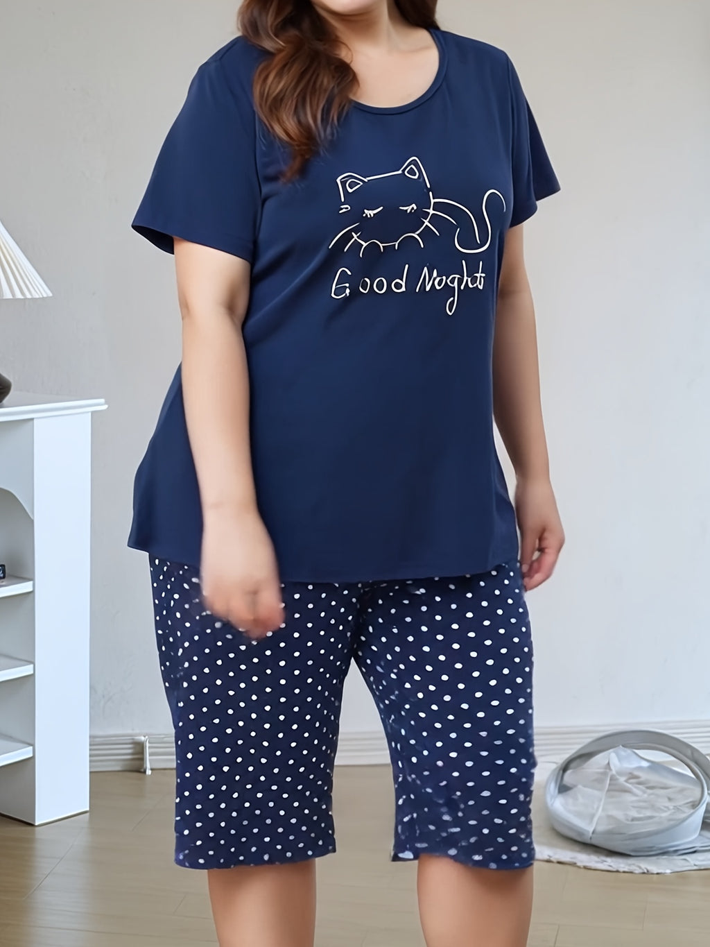 Summer Plus Size Women'S Casual Fashion Pajamas, Kitten Print, Comfortable Short Sleeve Shorts Set