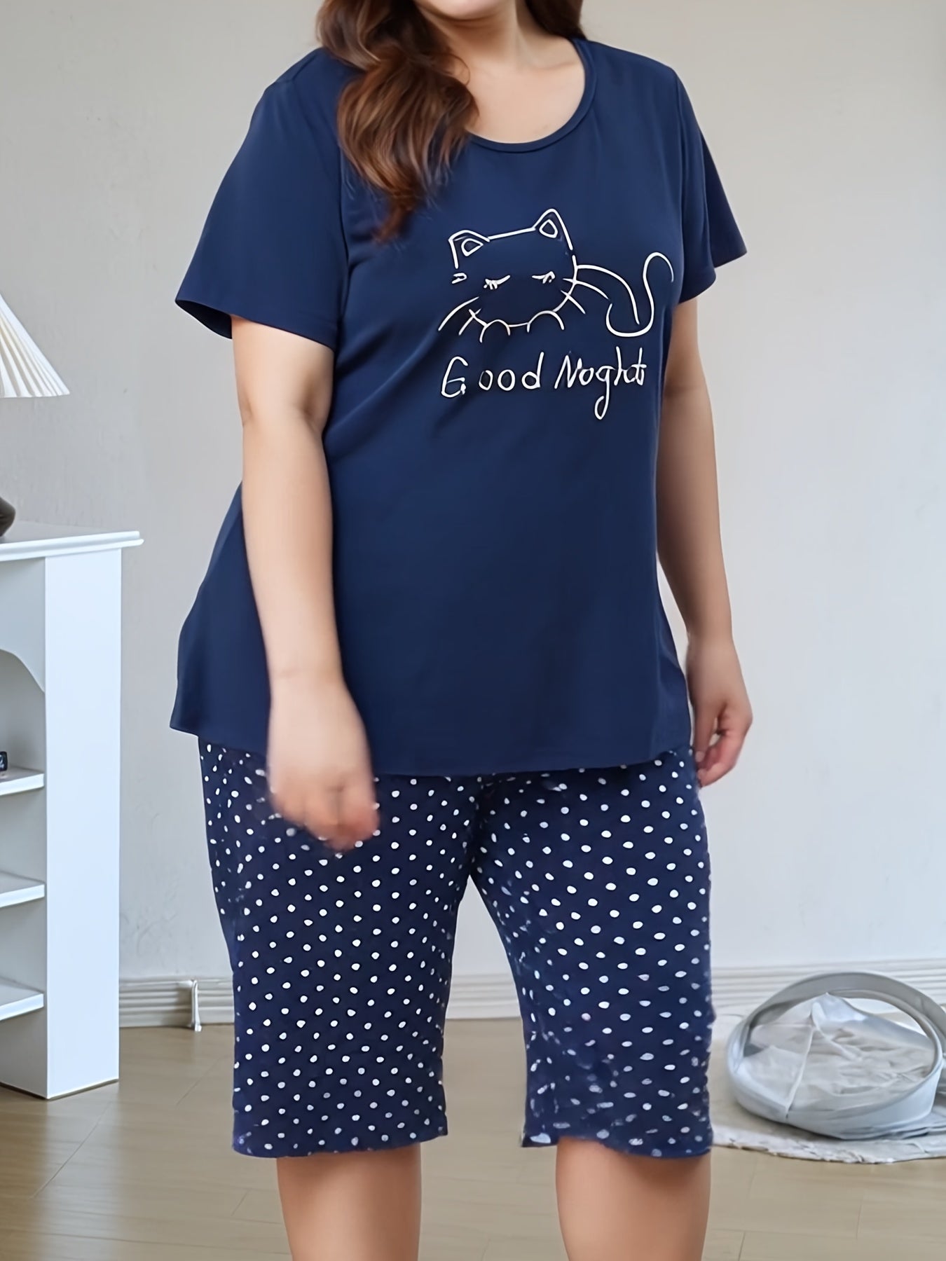 Summer Plus Size Women'S Casual Fashion Pajamas, Kitten Print, Comfortable Short Sleeve Shorts Set
