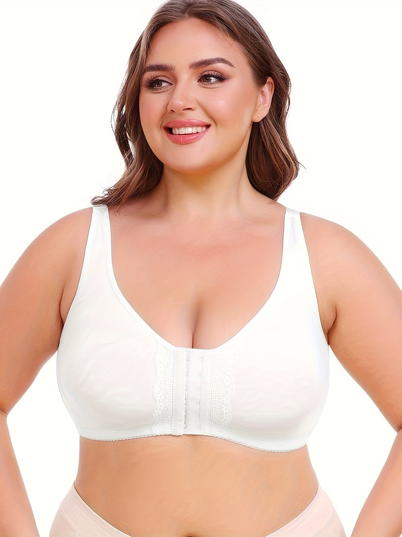 Plus Size Women's Front-Opening Sports Bra, V-Neck, Stretchy Polyester, Solid Color with Lace Detail, No Padding, Low Support, Knit Fabric, for