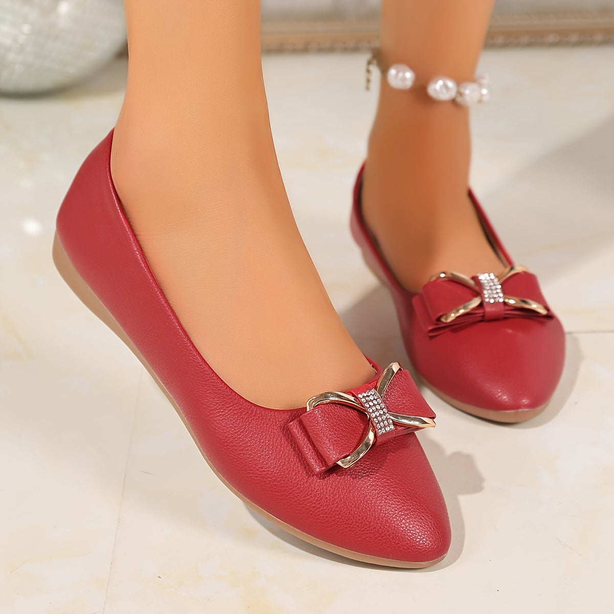 [Elegant White Flats] Lightweight, Comfortable Women's Elegant White Flats with Golden Buckle Accents | Non-Slip Sole, Round Toe, Faux Cover, All-Season Casual Shoes for Home & Outdoor Wear