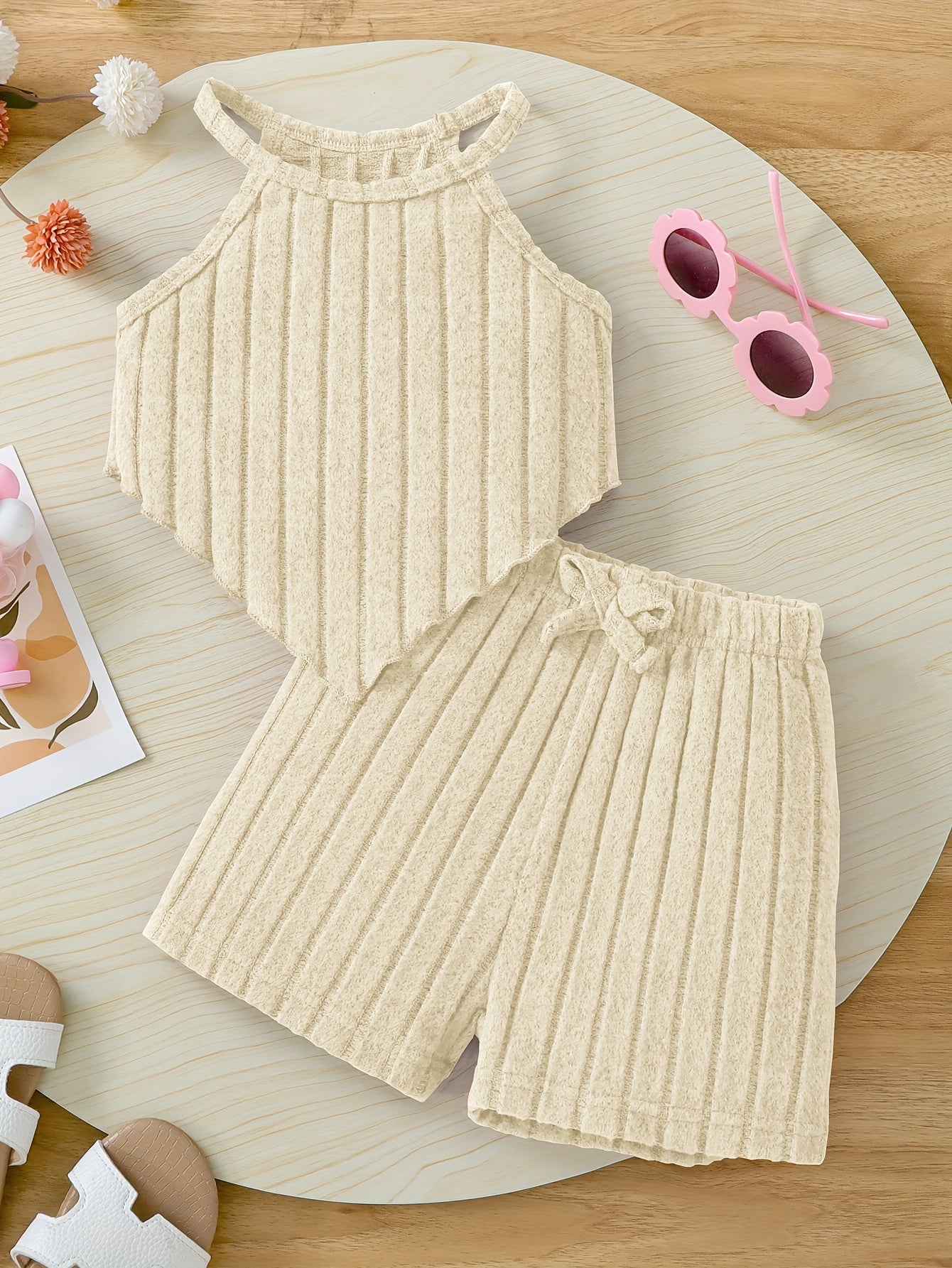 2pcs Summer Girls' Solid Color Crop Top and Bow-Decorated Striped Pants Set