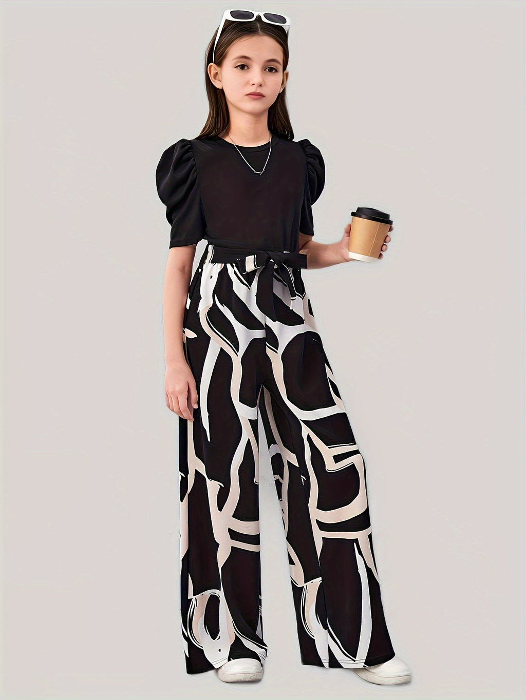 Girl's Casual Tie-Dye Wide-Leg Culottes - Black & White