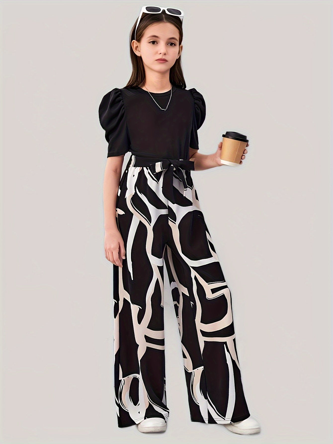 Girl's Casual Tie-Dye Wide-Leg Culottes - Black & White