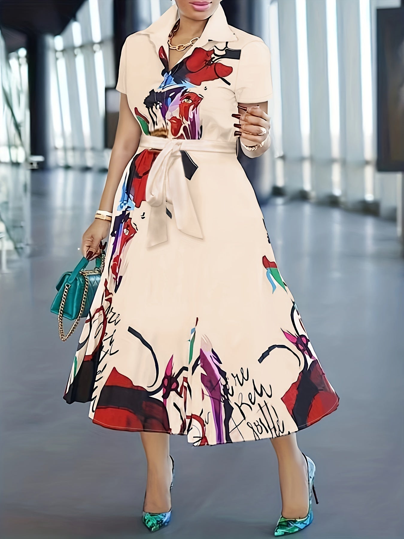 Charming Floral Print Dress - Stylish Button Front, Short Sleeve Collar Design
