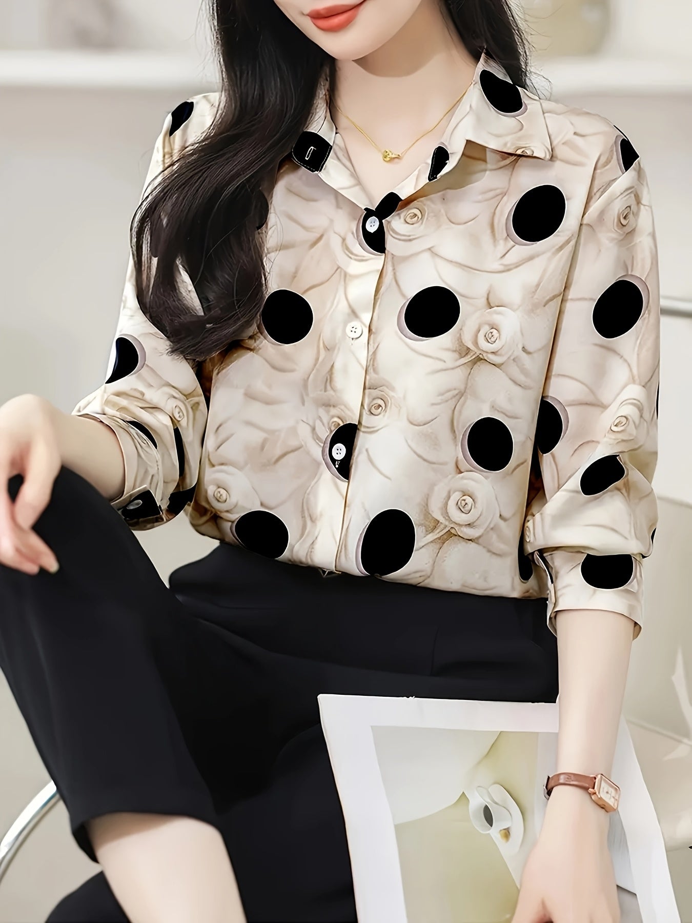 Elegant Polka Dot & Floral Print Long Sleeve Collared Blouse for Women