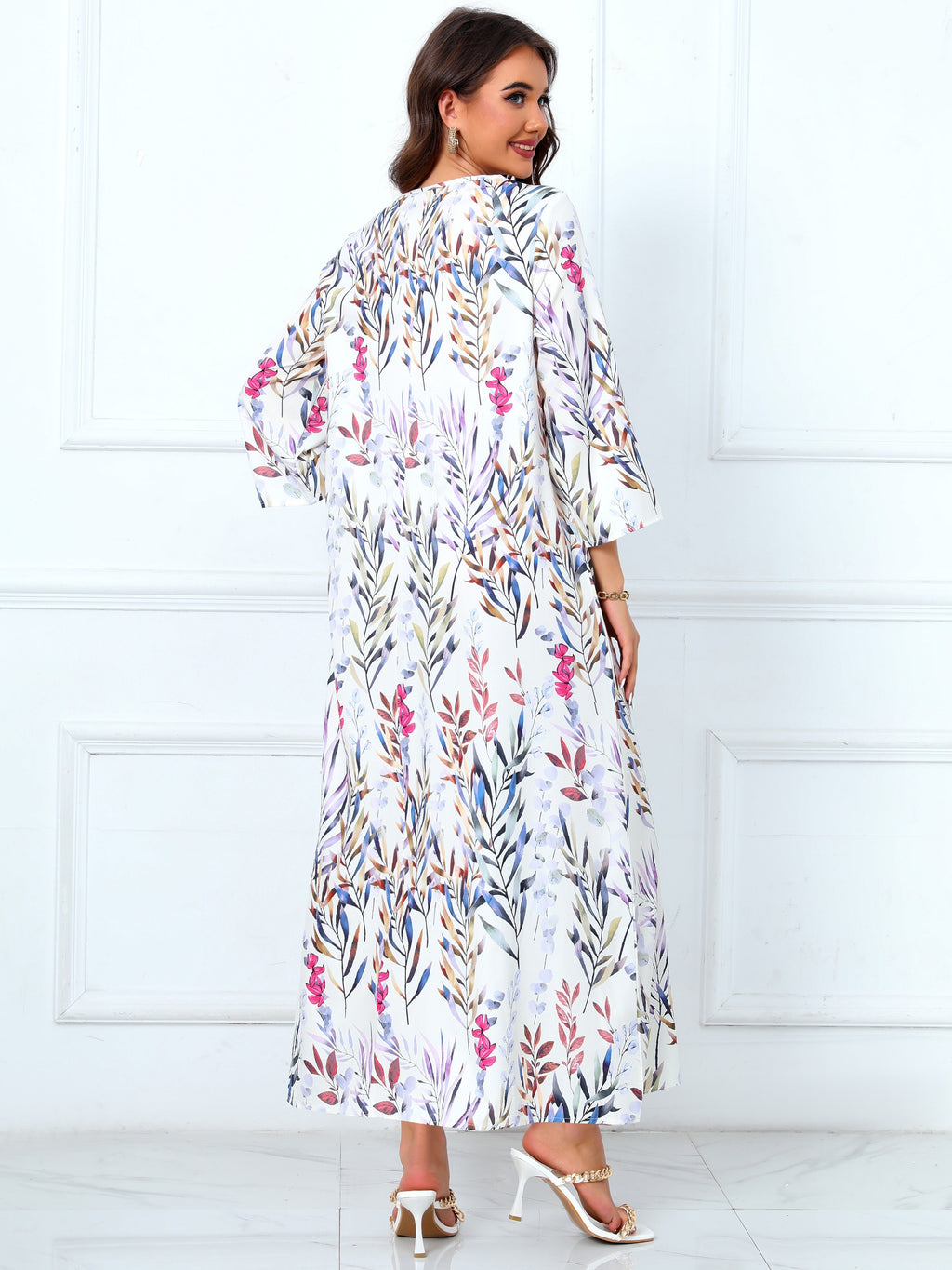 Floral Print V Neck Modest Dress
