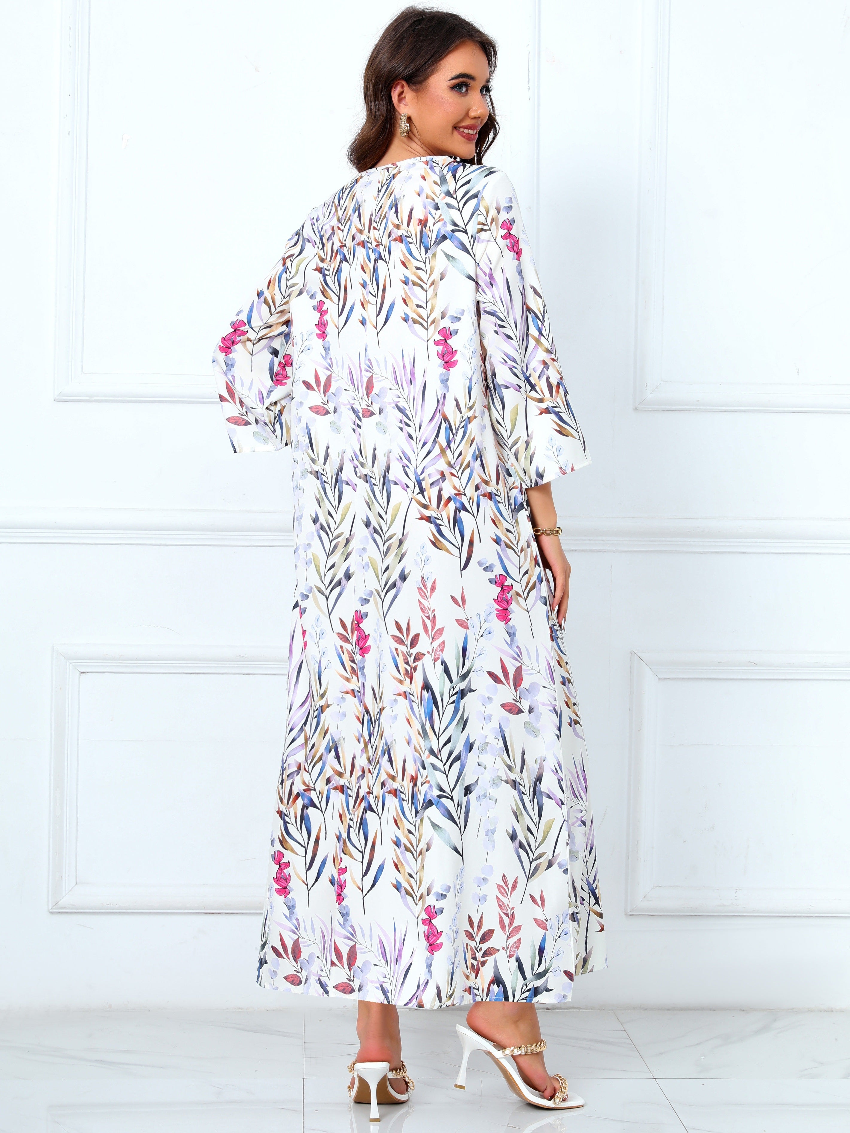 Floral Print V Neck Modest Dress