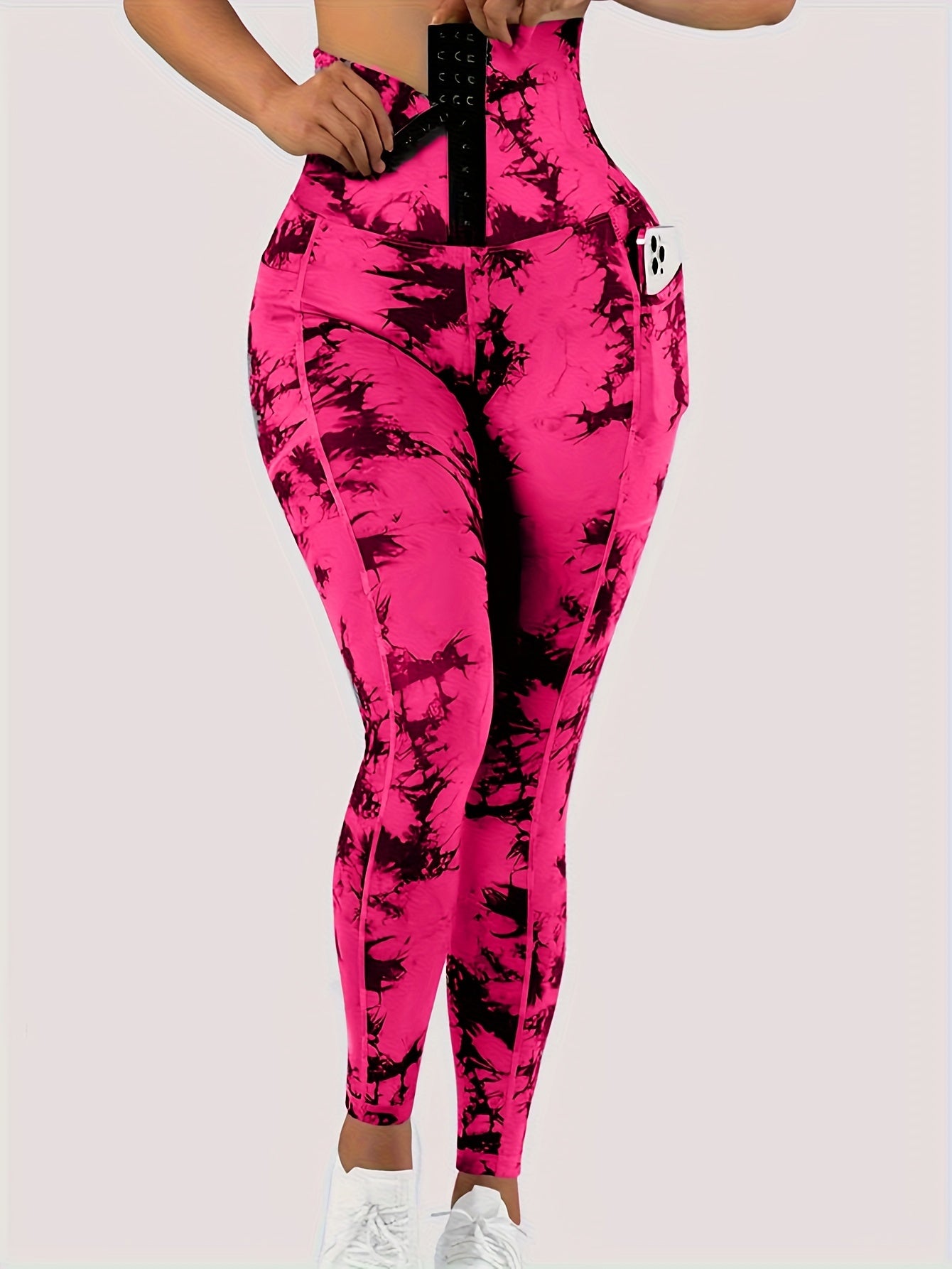 Women' High-Waist Tie-Dye Yoga Leggings with Front Button Closure & Pockets