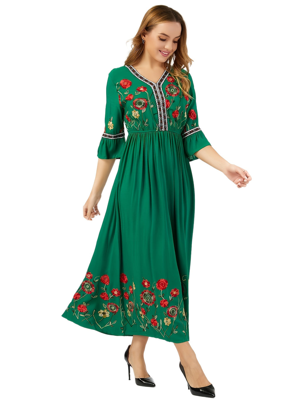Elegant Green Embroidered Maxi Dress with V-Neck and Ruffle Sleeves