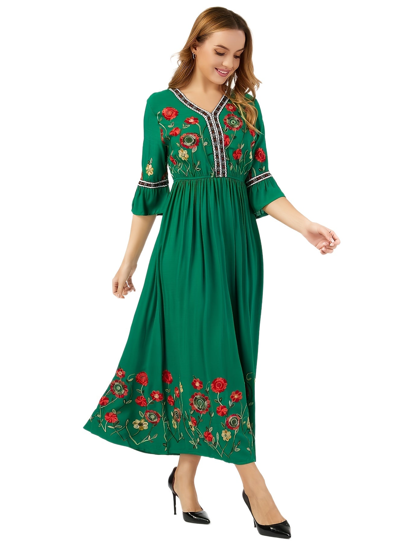 Elegant Green Embroidered Maxi Dress with V-Neck and Ruffle Sleeves