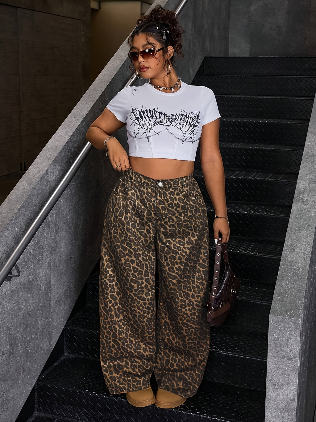 Women's Plus Size Wide- Brown Leopard Print Maxi Denim Pants