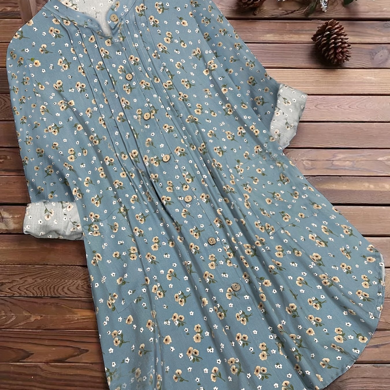 Floral Print Women's Blouse, Long Sleeve Round Neck
