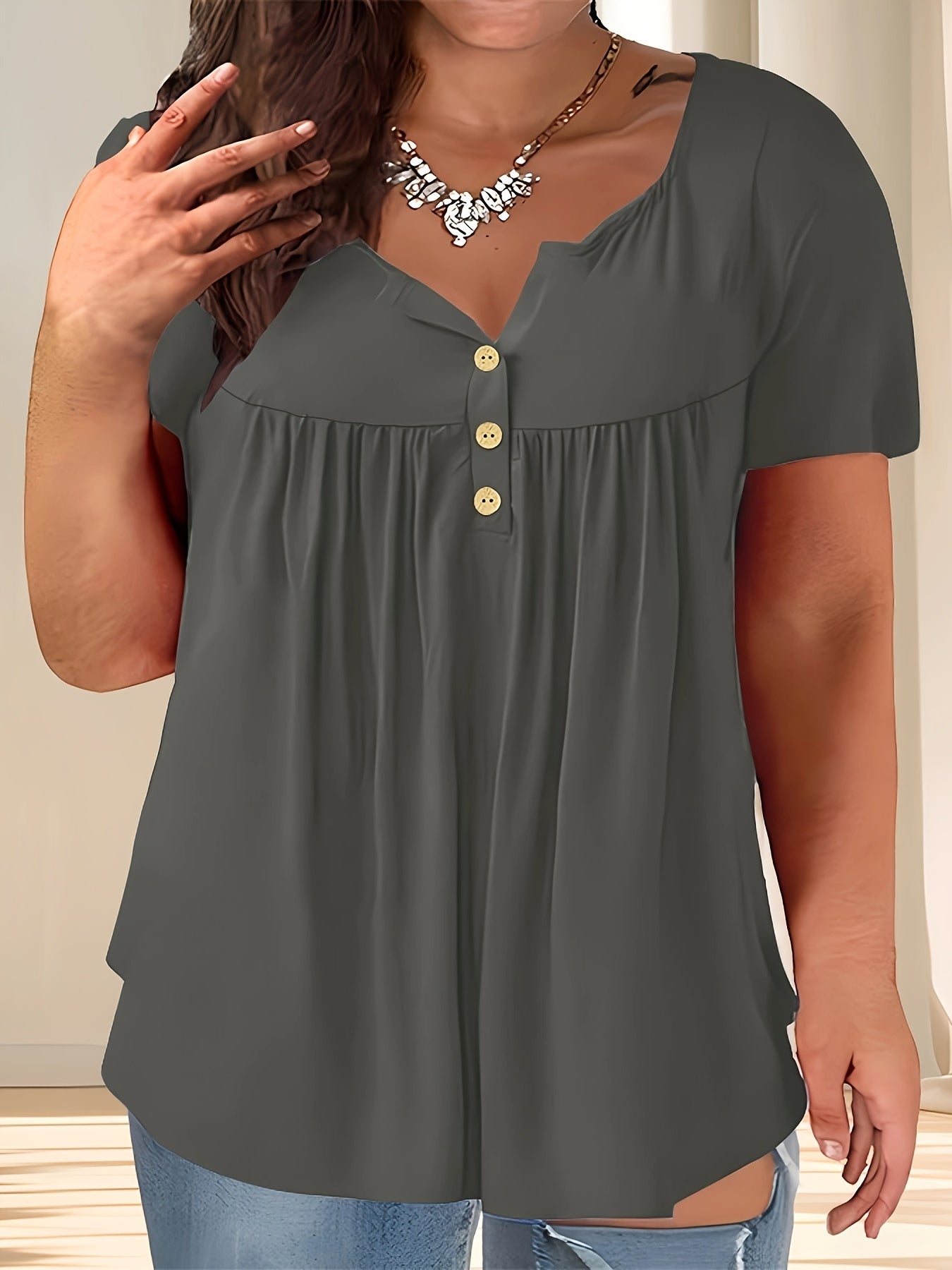 Women'S Plus Size Casual Buttoned Pleated T-Shirt, Summer Knit Fabric Top, Crew Neck, Solid Color, Slight Stretch, Oversized Pullovers,