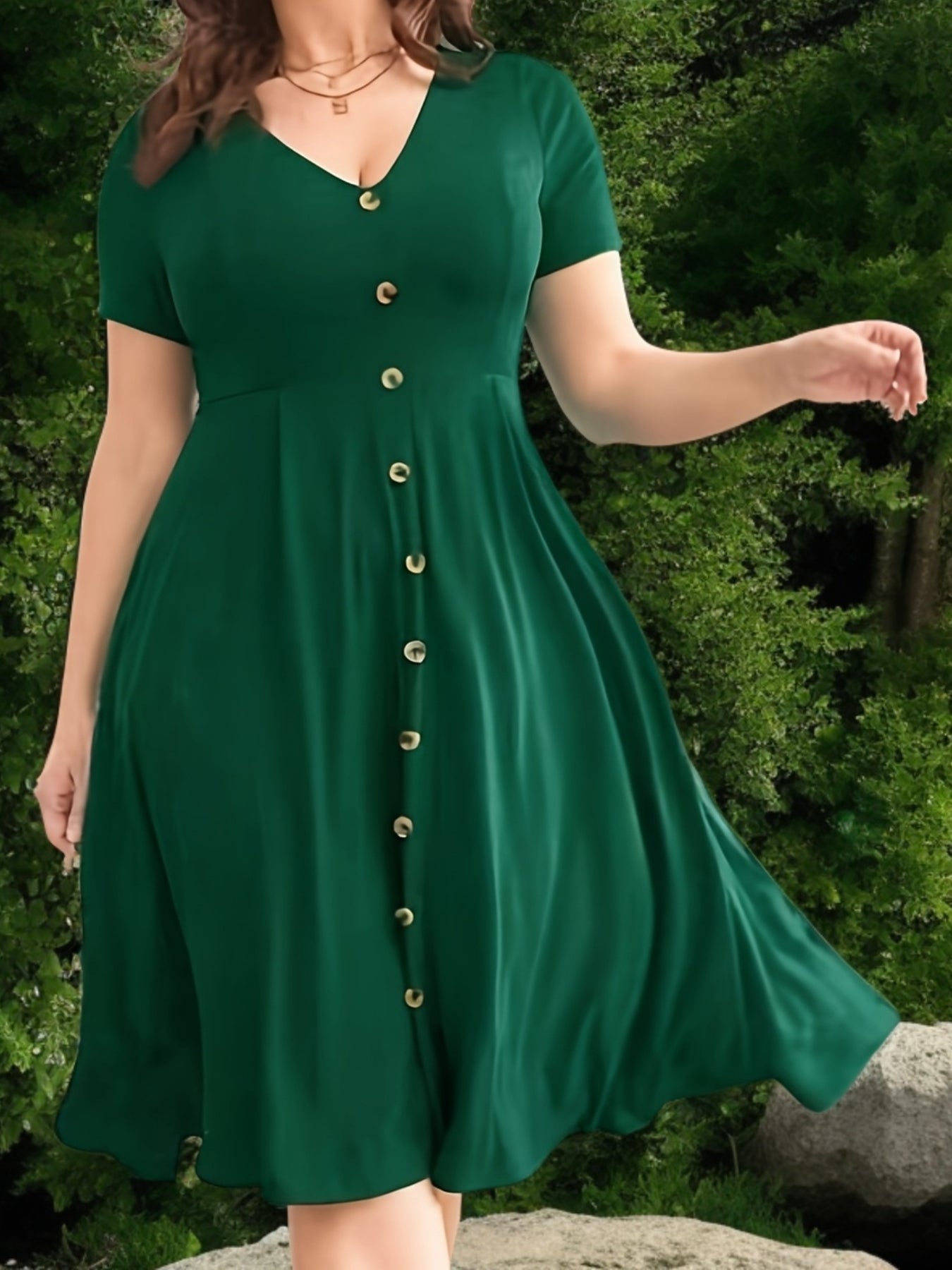 Elegant Plus Size V-Neck Dress with Button Details