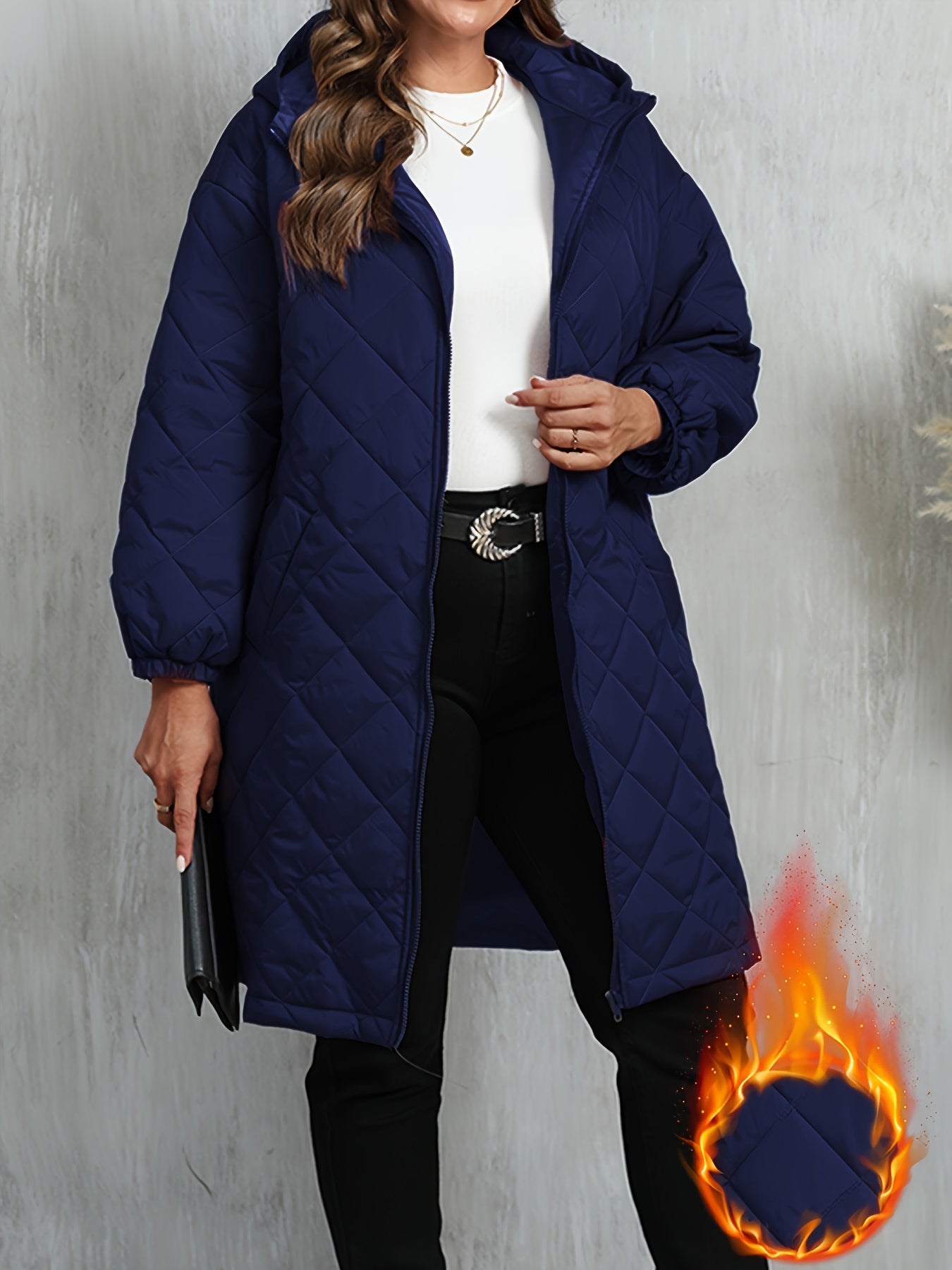 Plus Size, Women's Oversized Elegant Hooded Full-Zip Windproof Winter Coat - Heavy-Duty Warm